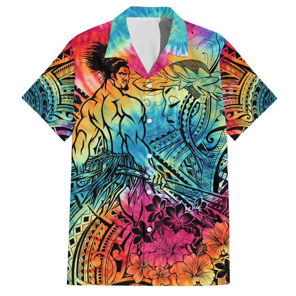 Beauty and The Warrior Polynesian Valentine Family Matching Short Sleeve Bodycon Dress and Hawaiian Shirt Hibiscus FLowers Rainbow Style LT9 Dad's Shirt - Short Sleeve Rainbow - Polynesian Pride