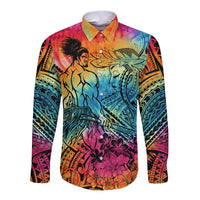 Beauty and The Warrior Polynesian Valentine Long Sleeve Button Shirt Hibiscus FLowers Rainbow Style LT9 Unisex Rainbow - Polynesian Pride