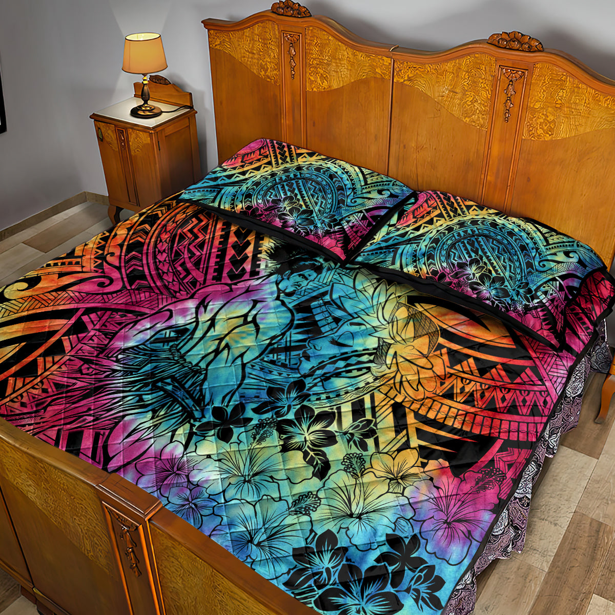 Beauty and The Warrior Polynesian Valentine Quilt Bed Set Hibiscus FLowers Rainbow Style LT9 - Polynesian Pride