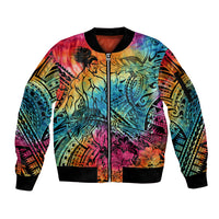Beauty and The Warrior Polynesian Valentine Sleeve Zip Bomber Jacket Hibiscus FLowers Rainbow Style LT9 Unisex Rainbow - Polynesian Pride