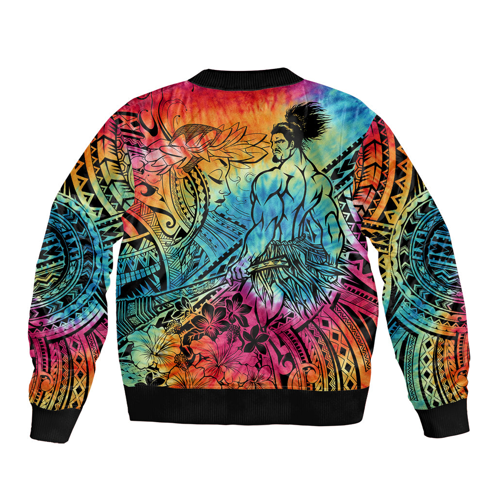Beauty and The Warrior Polynesian Valentine Sleeve Zip Bomber Jacket Hibiscus FLowers Rainbow Style LT9 - Polynesian Pride