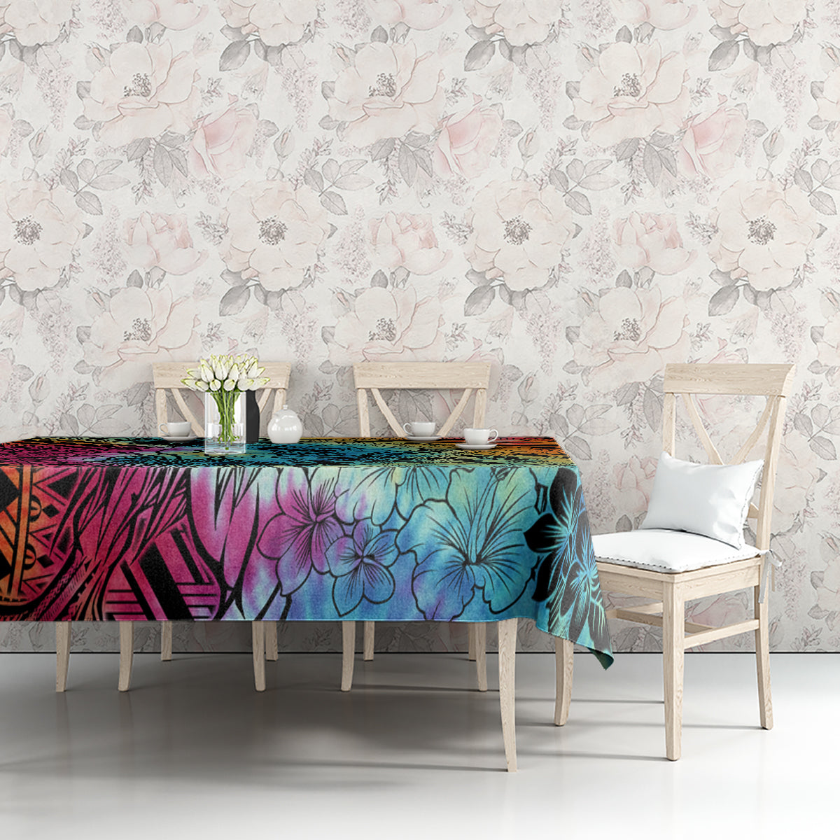 Beauty and The Warrior Polynesian Valentine Tablecloth Hibiscus FLowers Rainbow Style LT9 - Polynesian Pride