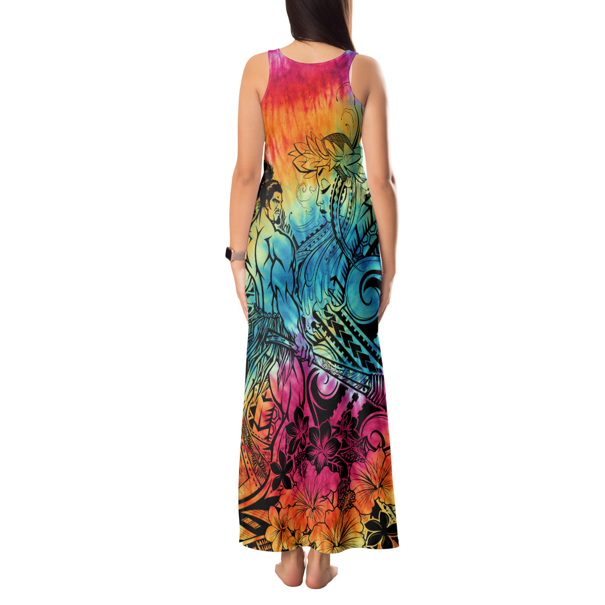 Beauty and The Warrior Polynesian Valentine Tank Maxi Dress Hibiscus FLowers Rainbow Style LT9 - Polynesian Pride