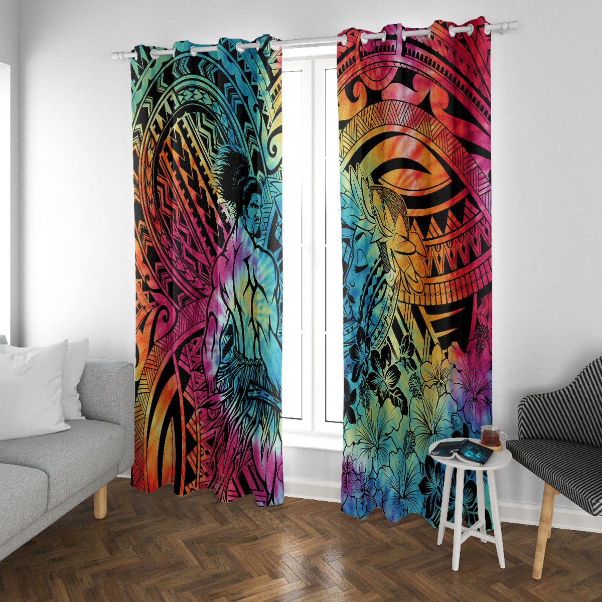 Beauty and The Warrior Polynesian Valentine Window Curtain Hibiscus FLowers Rainbow Style LT9 With Grommets Rainbow - Polynesian Pride