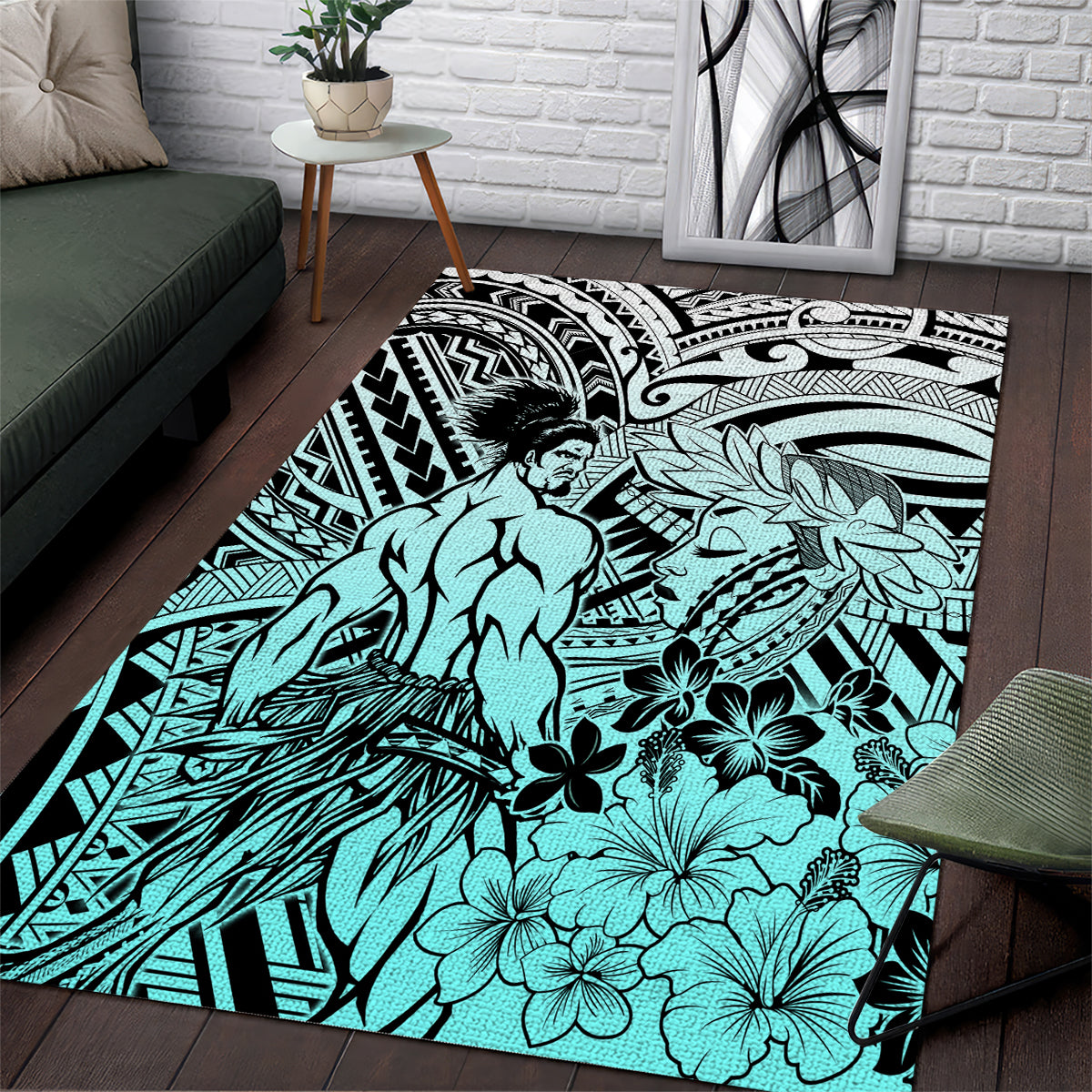 Beauty and The Warrior Polynesian Valentine Area Rug Hibiscus FLowers Turquoise Style LT9 Turquoise - Polynesian Pride
