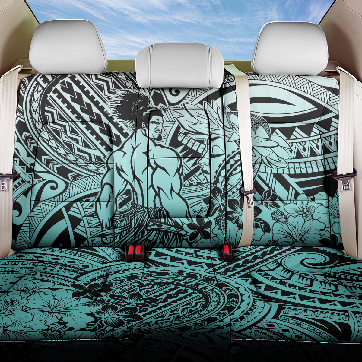 Beauty and The Warrior Polynesian Valentine Back Car Seat Cover Hibiscus FLowers Turquoise Style LT9