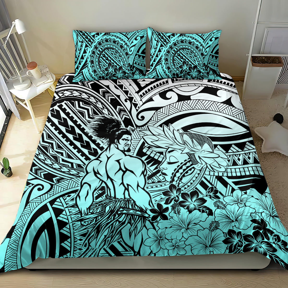 Beauty and The Warrior Polynesian Valentine Bedding Set Hibiscus FLowers Turquoise Style LT9 - Polynesian Pride