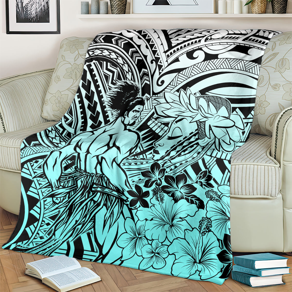 Beauty and The Warrior Polynesian Valentine Blanket Hibiscus FLowers Turquoise Style LT9 - Polynesian Pride