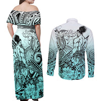 Beauty and The Warrior Polynesian Valentine Couples Matching Off Shoulder Maxi Dress and Long Sleeve Button Shirt Hibiscus FLowers Turquoise Style LT9 - Polynesian Pride