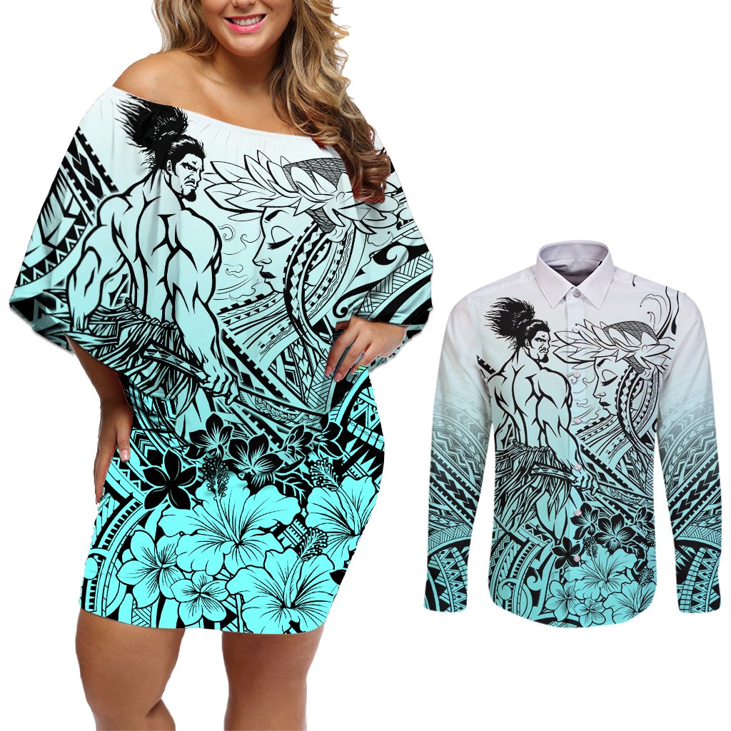 Beauty and The Warrior Polynesian Valentine Couples Matching Off Shoulder Short Dress and Long Sleeve Button Shirt Hibiscus FLowers Turquoise Style LT9 Turquoise - Polynesian Pride