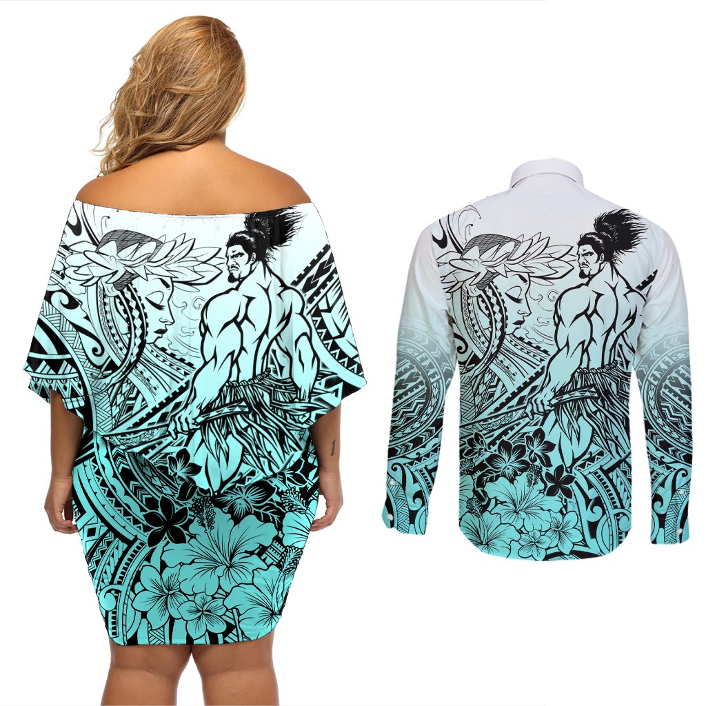 Beauty and The Warrior Polynesian Valentine Couples Matching Off Shoulder Short Dress and Long Sleeve Button Shirt Hibiscus FLowers Turquoise Style LT9 - Polynesian Pride