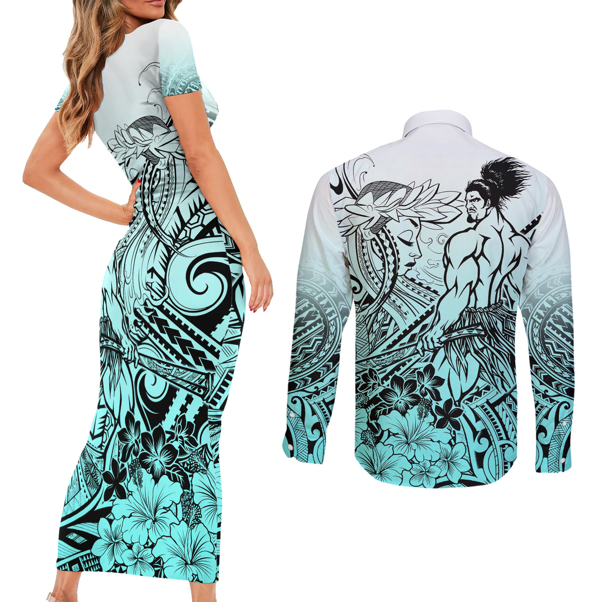 Beauty and The Warrior Polynesian Valentine Couples Matching Short Sleeve Bodycon Dress and Long Sleeve Button Shirt Hibiscus FLowers Turquoise Style LT9 - Polynesian Pride