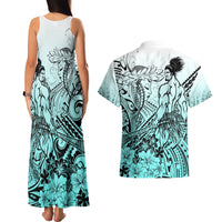 Beauty and The Warrior Polynesian Valentine Couples Matching Tank Maxi Dress and Hawaiian Shirt Hibiscus FLowers Turquoise Style LT9 - Polynesian Pride