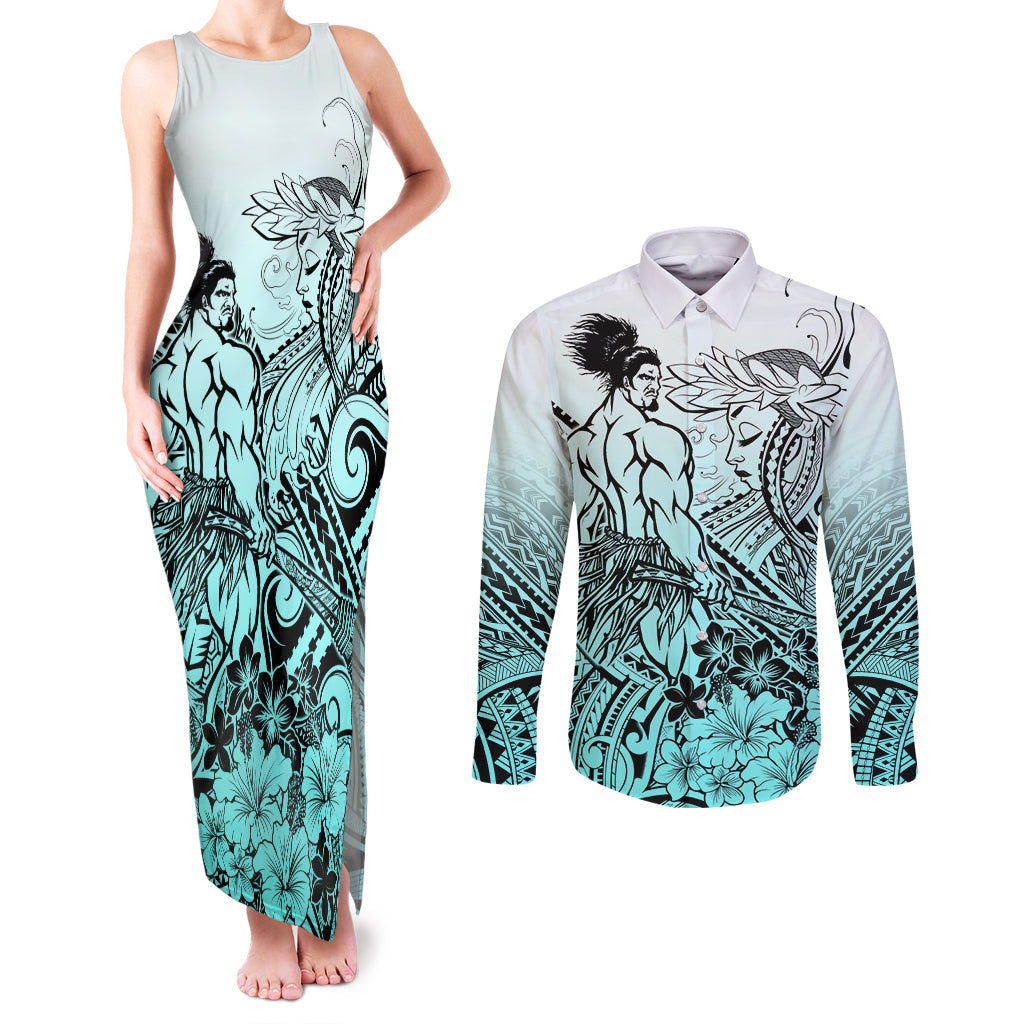 Beauty and The Warrior Polynesian Valentine Couples Matching Tank Maxi Dress and Long Sleeve Button Shirt Hibiscus FLowers Turquoise Style LT9 Turquoise - Polynesian Pride