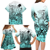 Beauty and The Warrior Polynesian Valentine Family Matching Long Sleeve Bodycon Dress and Hawaiian Shirt Hibiscus FLowers Turquoise Style LT9 - Polynesian Pride