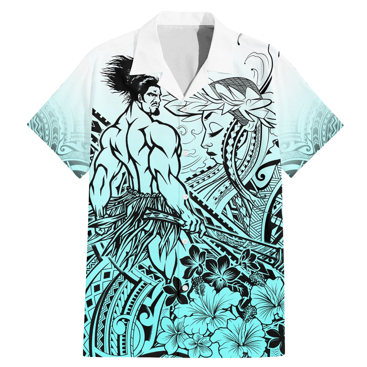 Beauty and The Warrior Polynesian Valentine Family Matching Mermaid Dress and Hawaiian Shirt Hibiscus FLowers Turquoise Style LT9 Dad's Shirt - Short Sleeve Turquoise - Polynesian Pride