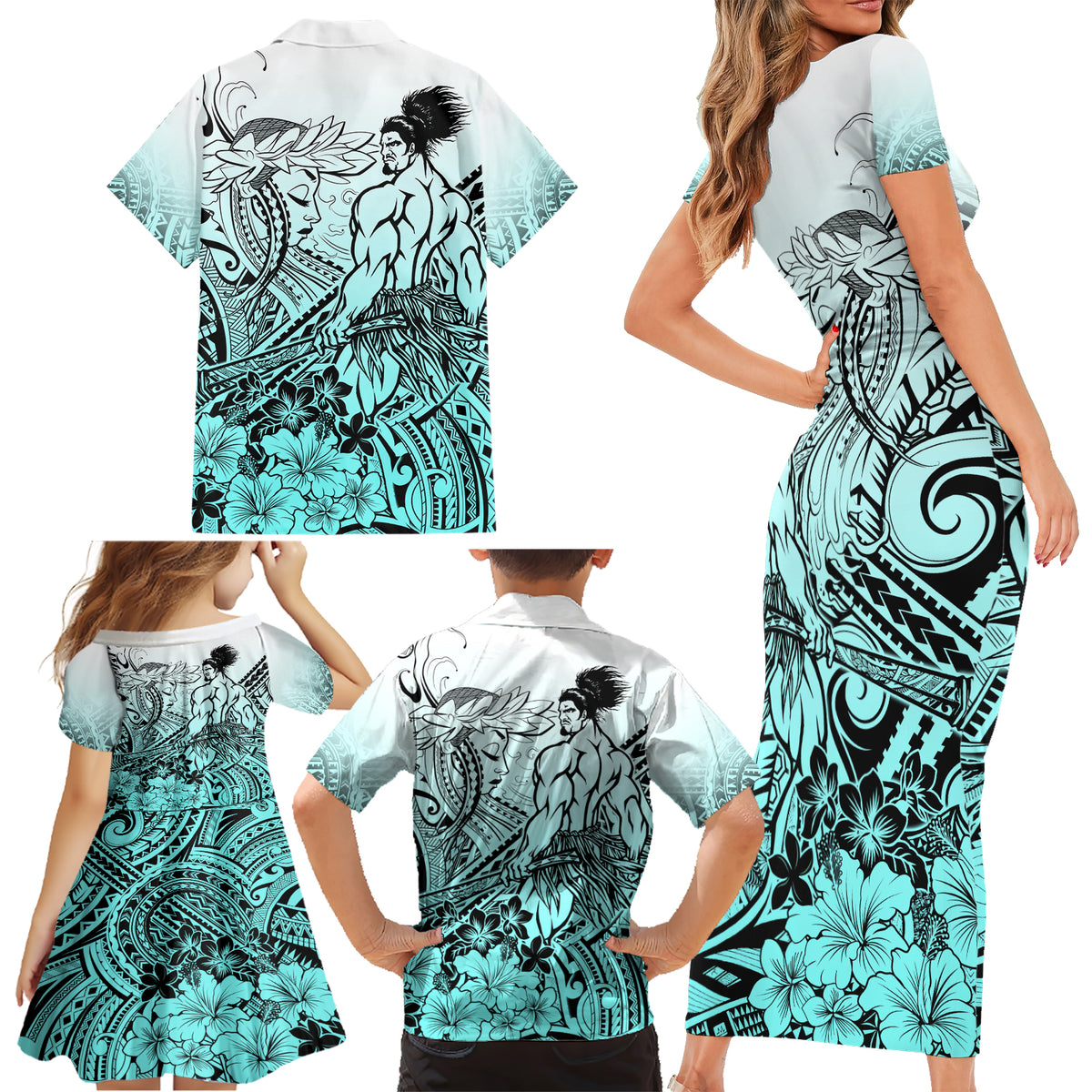 Beauty and The Warrior Polynesian Valentine Family Matching Short Sleeve Bodycon Dress and Hawaiian Shirt Hibiscus FLowers Turquoise Style LT9 - Polynesian Pride