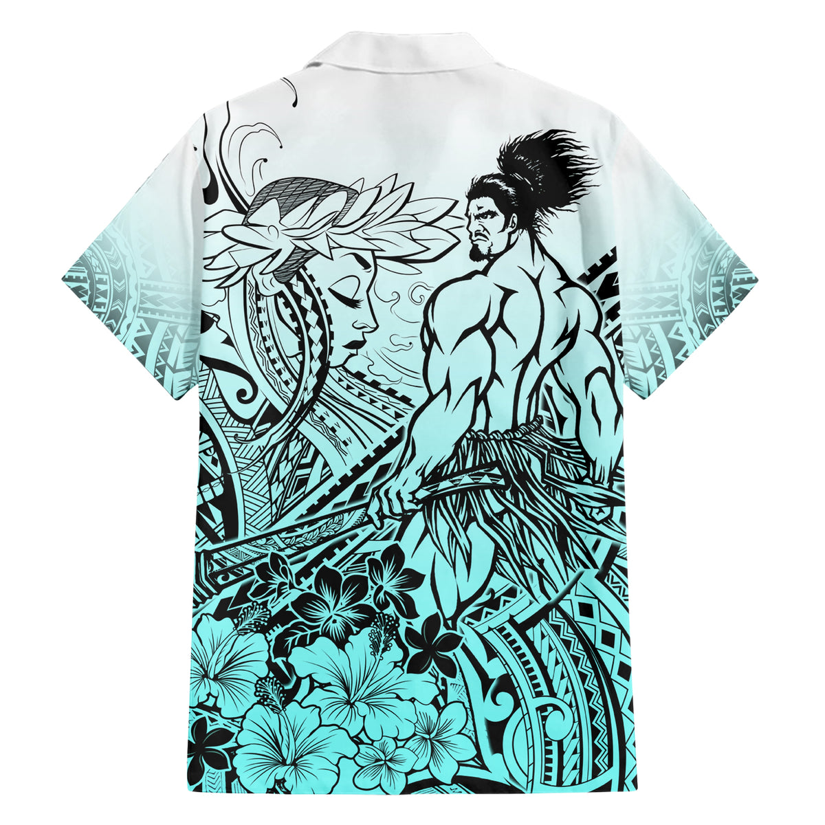 Beauty and The Warrior Polynesian Valentine Family Matching Short Sleeve Bodycon Dress and Hawaiian Shirt Hibiscus FLowers Turquoise Style LT9 - Polynesian Pride