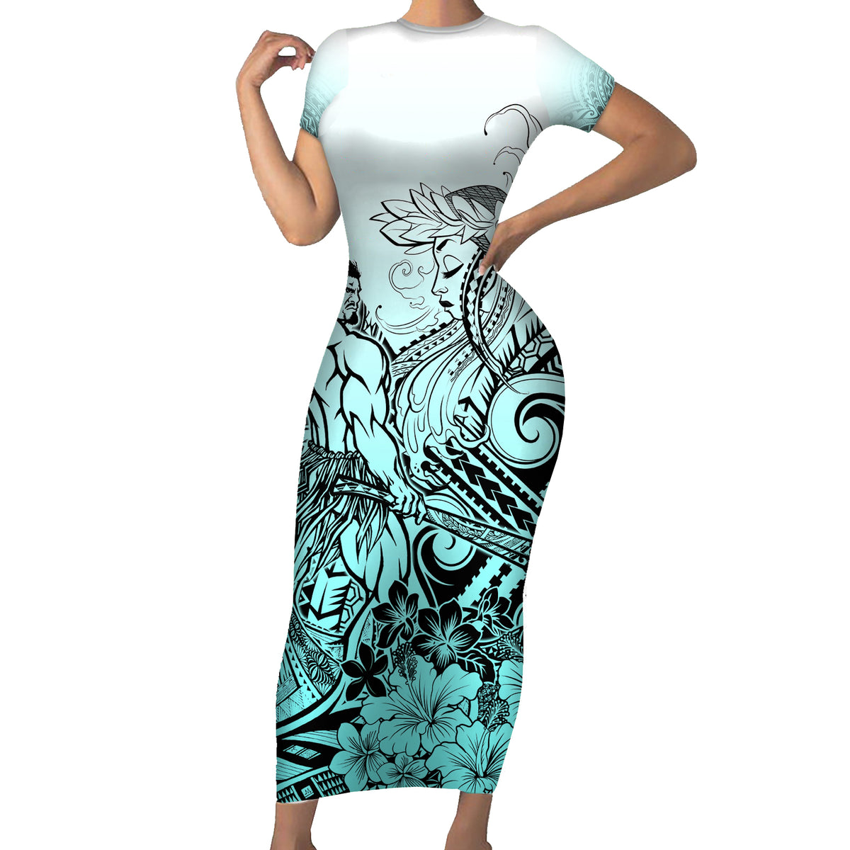 Beauty and The Warrior Polynesian Valentine Family Matching Short Sleeve Bodycon Dress and Hawaiian Shirt Hibiscus FLowers Turquoise Style LT9 Mom's Dress Turquoise - Polynesian Pride