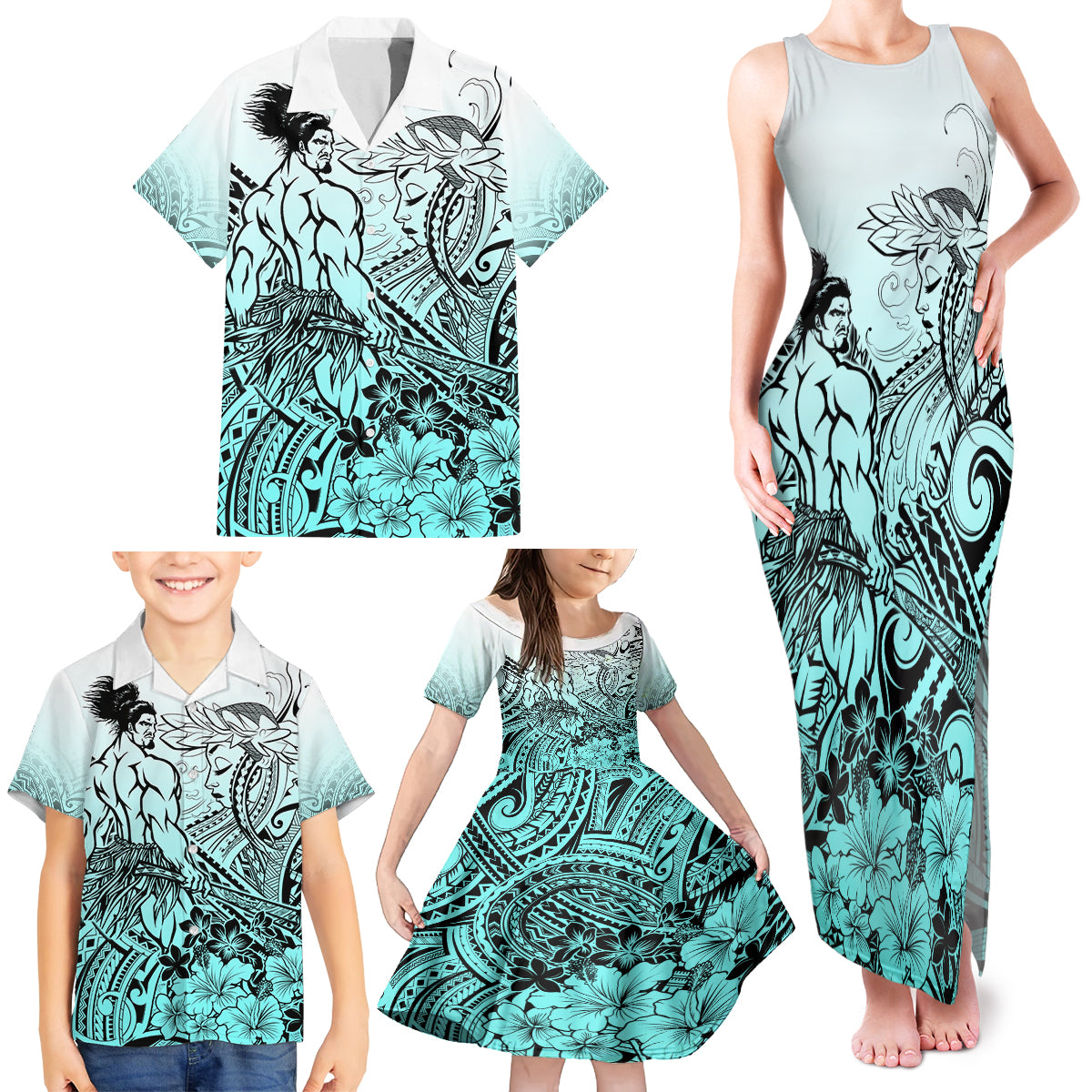 Beauty and The Warrior Polynesian Valentine Family Matching Tank Maxi Dress and Hawaiian Shirt Hibiscus FLowers Turquoise Style LT9 - Polynesian Pride