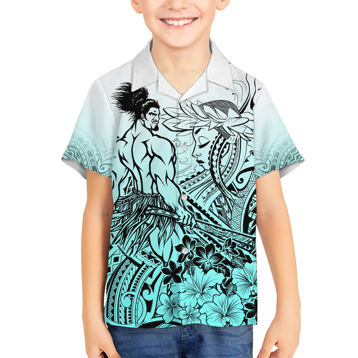 Beauty and The Warrior Polynesian Valentine Kid Hawaiian Shirt Hibiscus FLowers Turquoise Style LT9 Kid Turquoise - Polynesian Pride