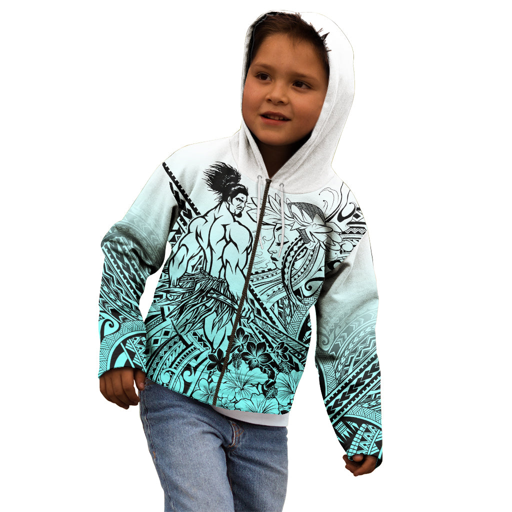Beauty and The Warrior Polynesian Valentine Kid Hoodie Hibiscus FLowers Turquoise Style LT9 - Polynesian Pride