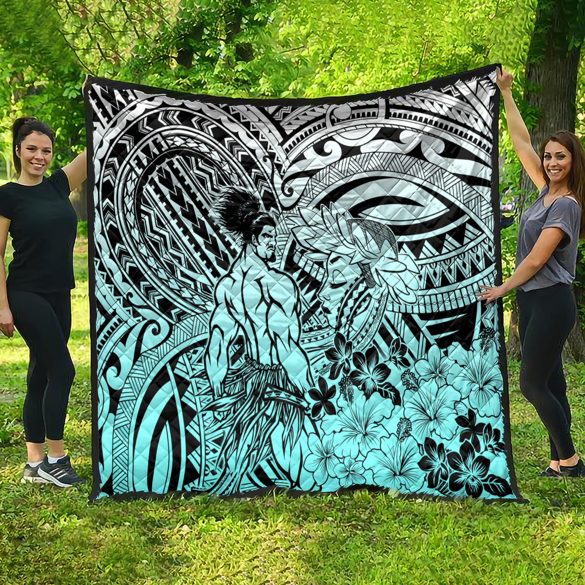 Beauty and The Warrior Polynesian Valentine Quilt Hibiscus FLowers Turquoise Style LT9 - Polynesian Pride