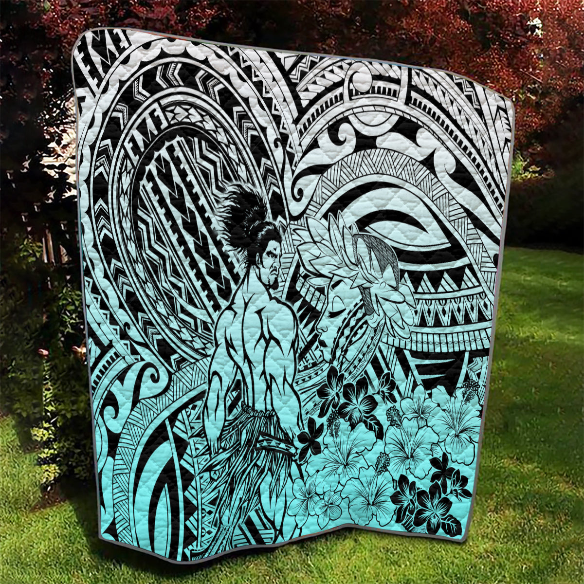 Beauty and The Warrior Polynesian Valentine Quilt Hibiscus FLowers Turquoise Style LT9 - Polynesian Pride