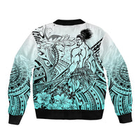 Beauty and The Warrior Polynesian Valentine Sleeve Zip Bomber Jacket Hibiscus FLowers Turquoise Style LT9 - Polynesian Pride