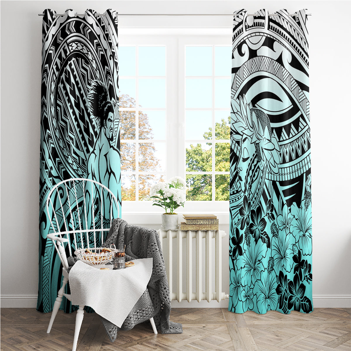 Beauty and The Warrior Polynesian Valentine Window Curtain Hibiscus FLowers Turquoise Style LT9 - Polynesian Pride