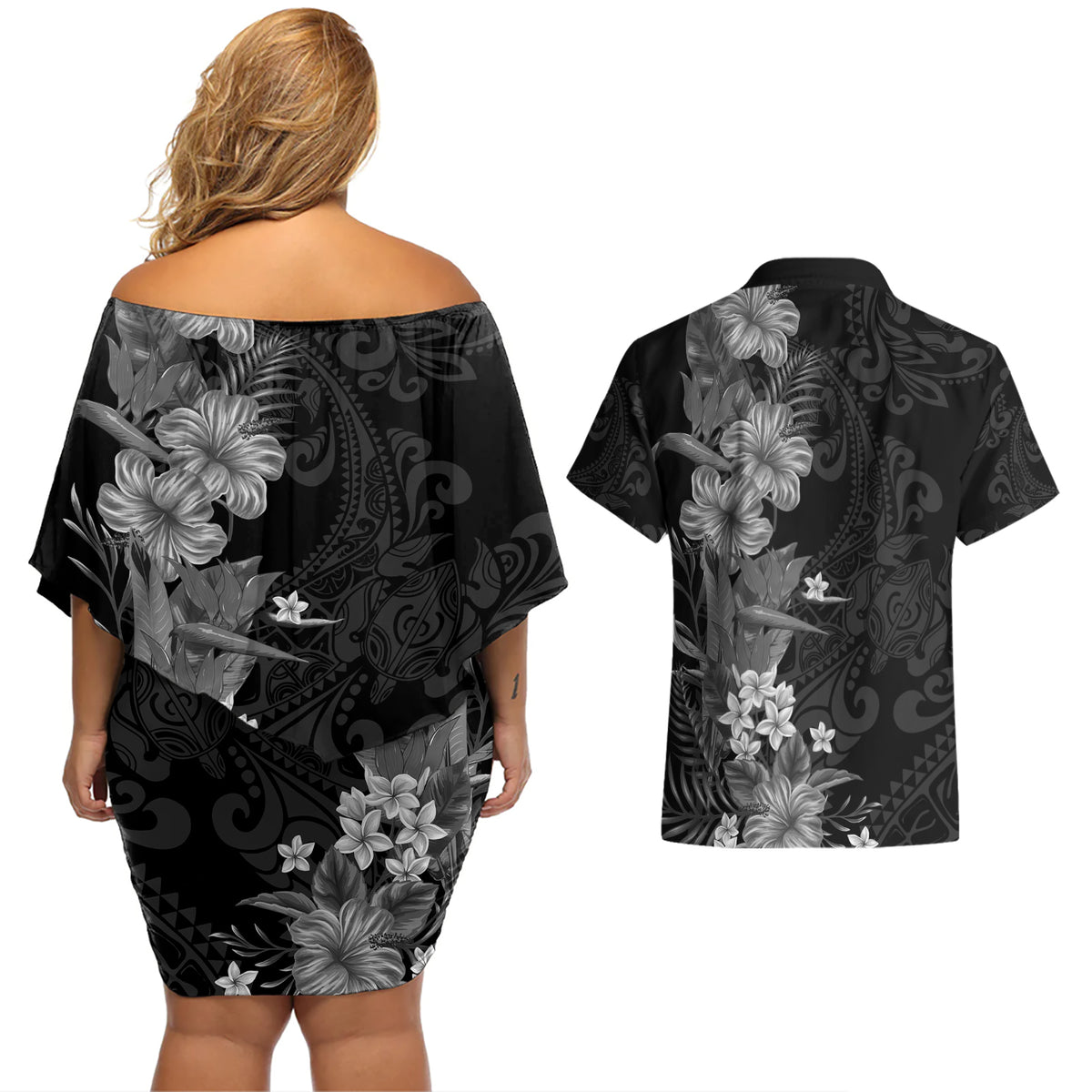 Hawaii Tropical Flowers Tribal Pattern Couples Matching Off Shoulder Short Dress and Hawaiian Shirt Black Style LT9 - Polynesian Pride