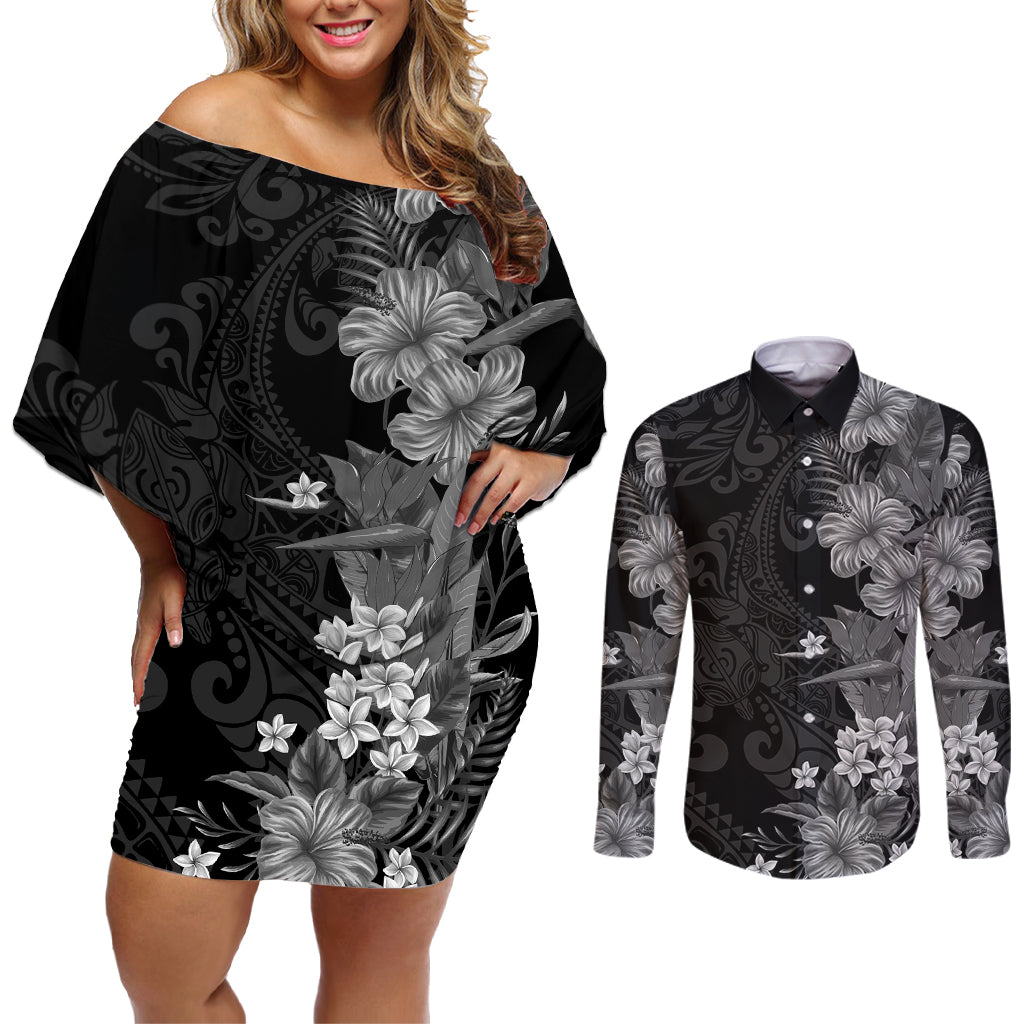 Hawaii Tropical Flowers Tribal Pattern Couples Matching Off Shoulder Short Dress and Long Sleeve Button Shirt Black Style LT9 Black - Polynesian Pride