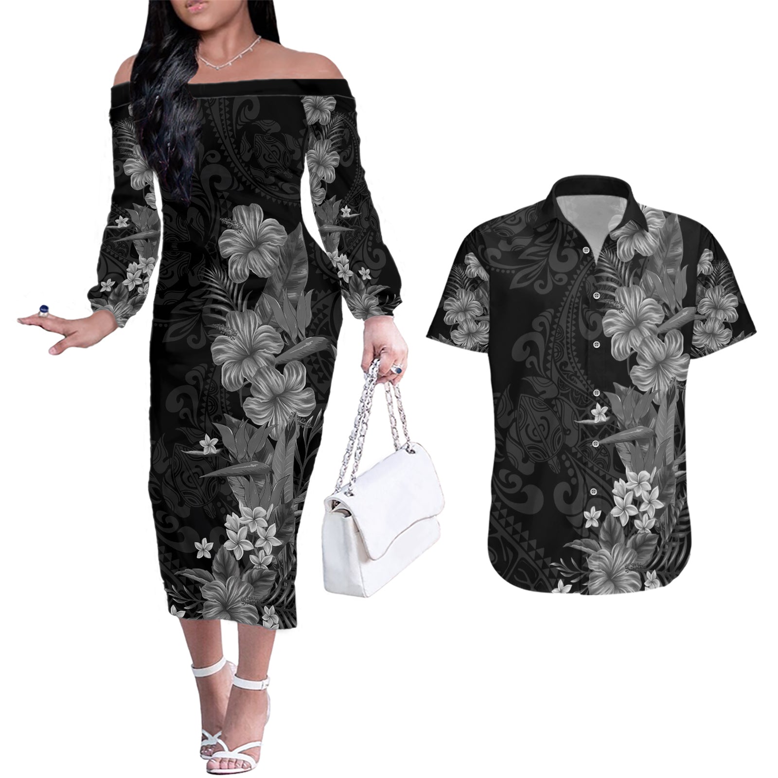 Hawaii Tropical Flowers Tribal Pattern Couples Matching Off The Shoulder Long Sleeve Dress and Hawaiian Shirt Black Style LT9 Black - Polynesian Pride