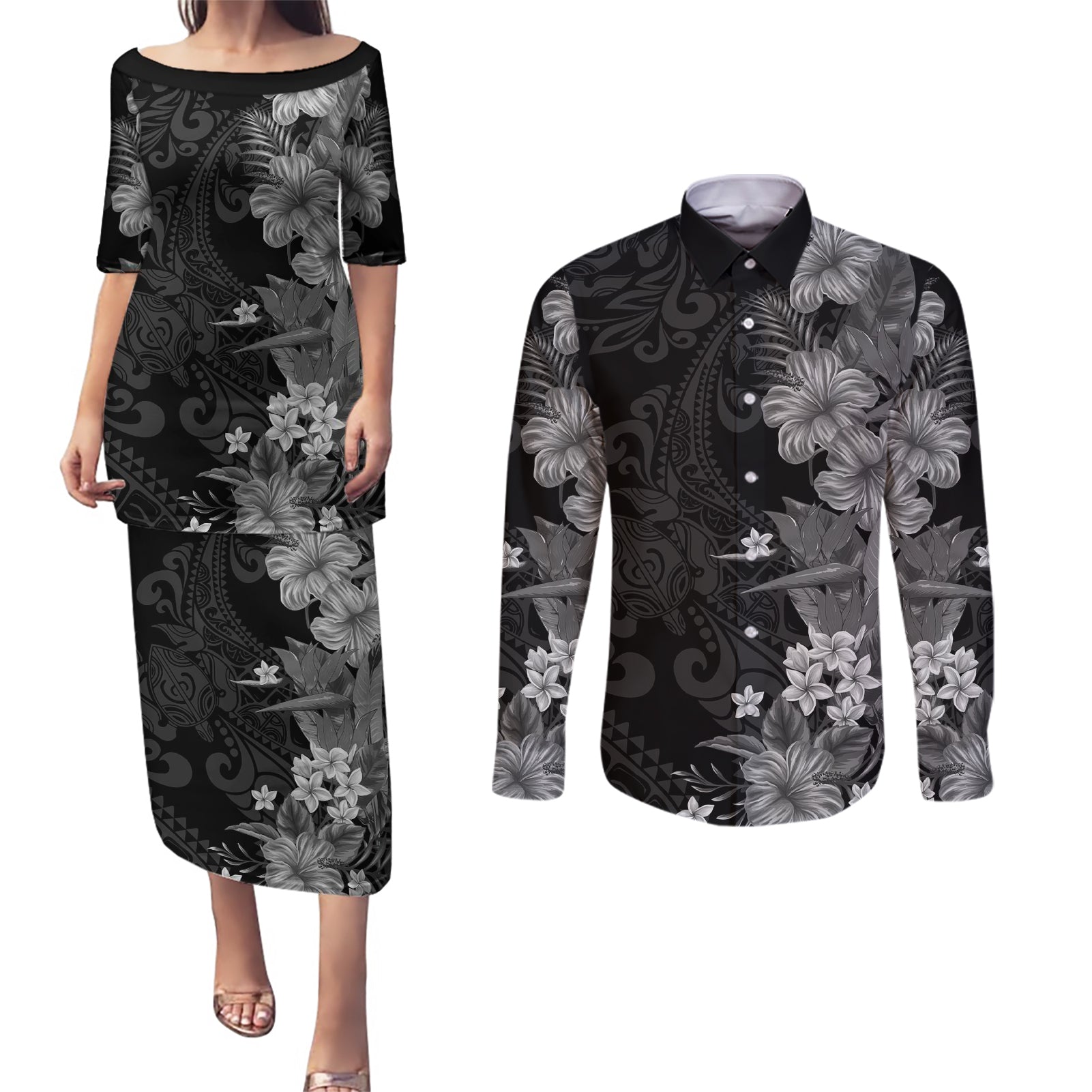 Hawaii Tropical Flowers Tribal Pattern Couples Matching Puletasi and Long Sleeve Button Shirt Black Style LT9 Black - Polynesian Pride