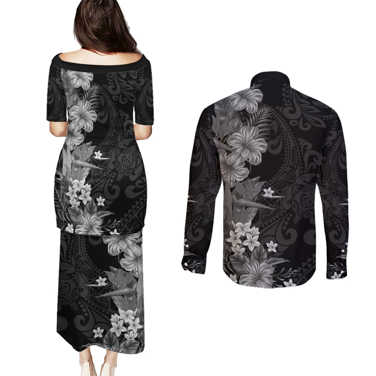 Hawaii Tropical Flowers Tribal Pattern Couples Matching Puletasi and Long Sleeve Button Shirt Black Style LT9 - Polynesian Pride