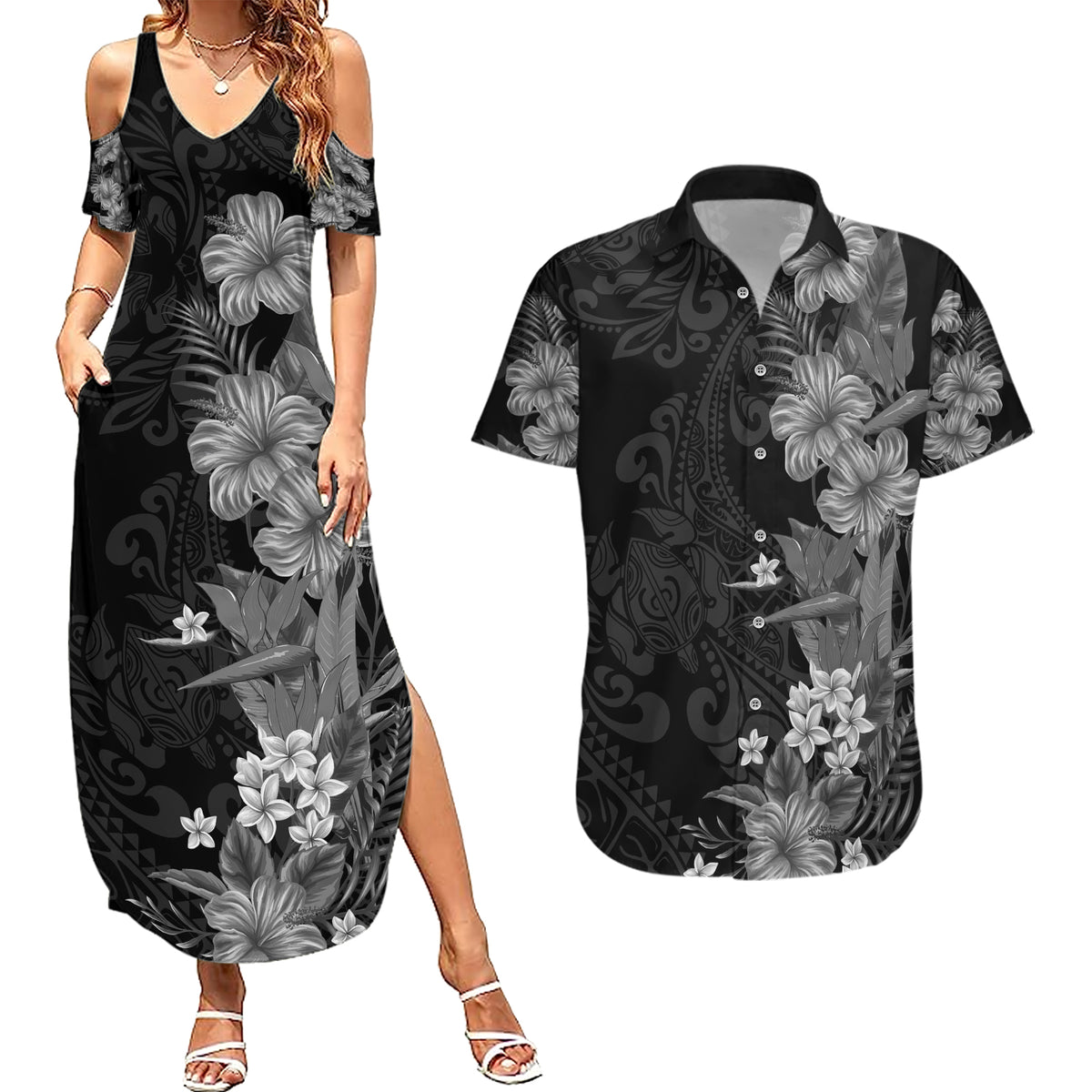 Hawaii Tropical Flowers Tribal Pattern Couples Matching Summer Maxi Dress and Hawaiian Shirt Black Style LT9 Black - Polynesian Pride