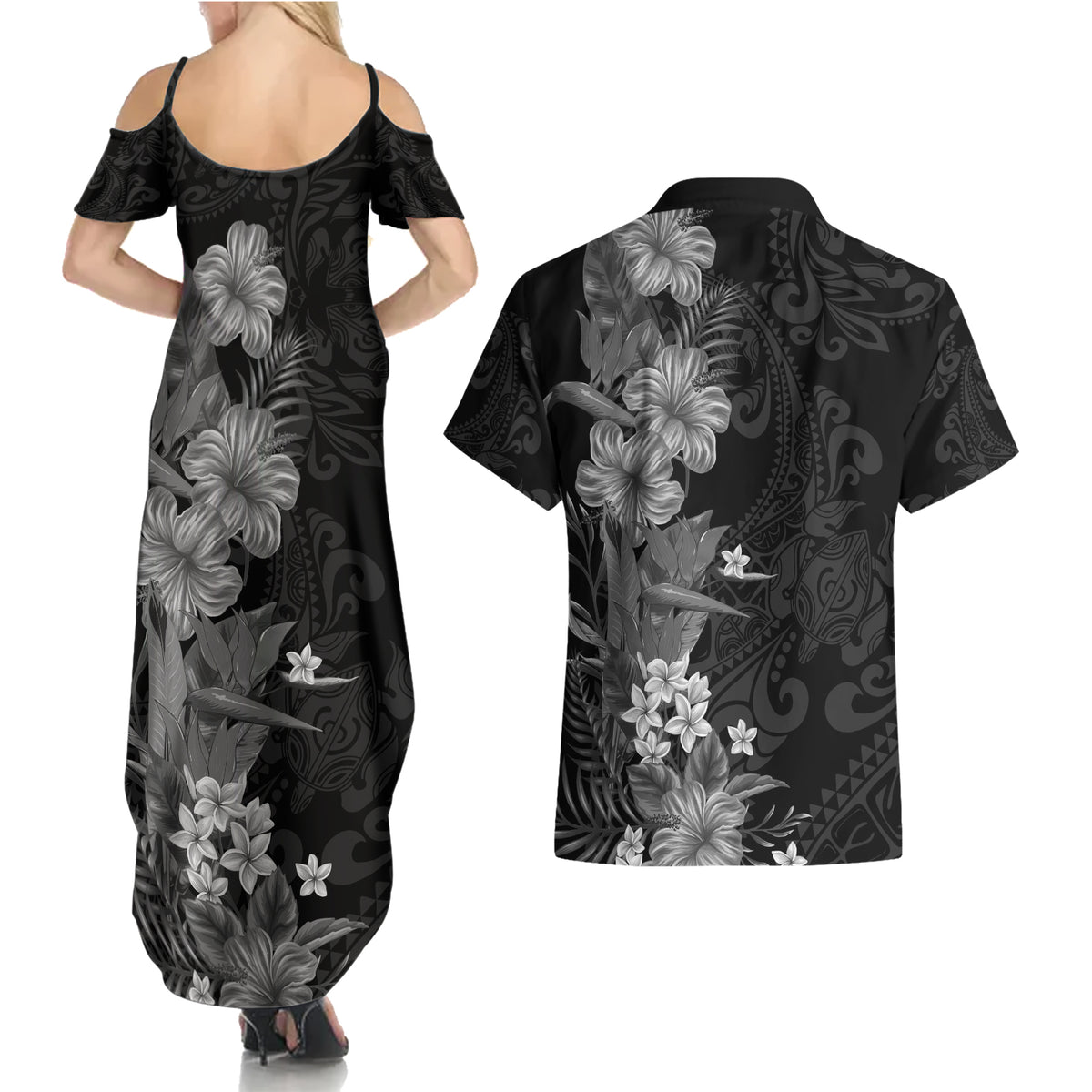 Hawaii Tropical Flowers Tribal Pattern Couples Matching Summer Maxi Dress and Hawaiian Shirt Black Style LT9 - Polynesian Pride