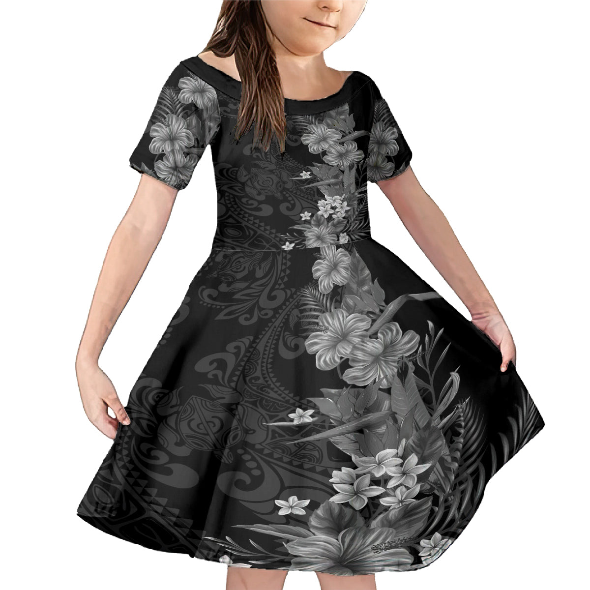 Hawaii Tropical Flowers Tribal Pattern Family Matching Mermaid Dress and Hawaiian Shirt Black Style LT9 Daughter's Dress Black - Polynesian Pride
