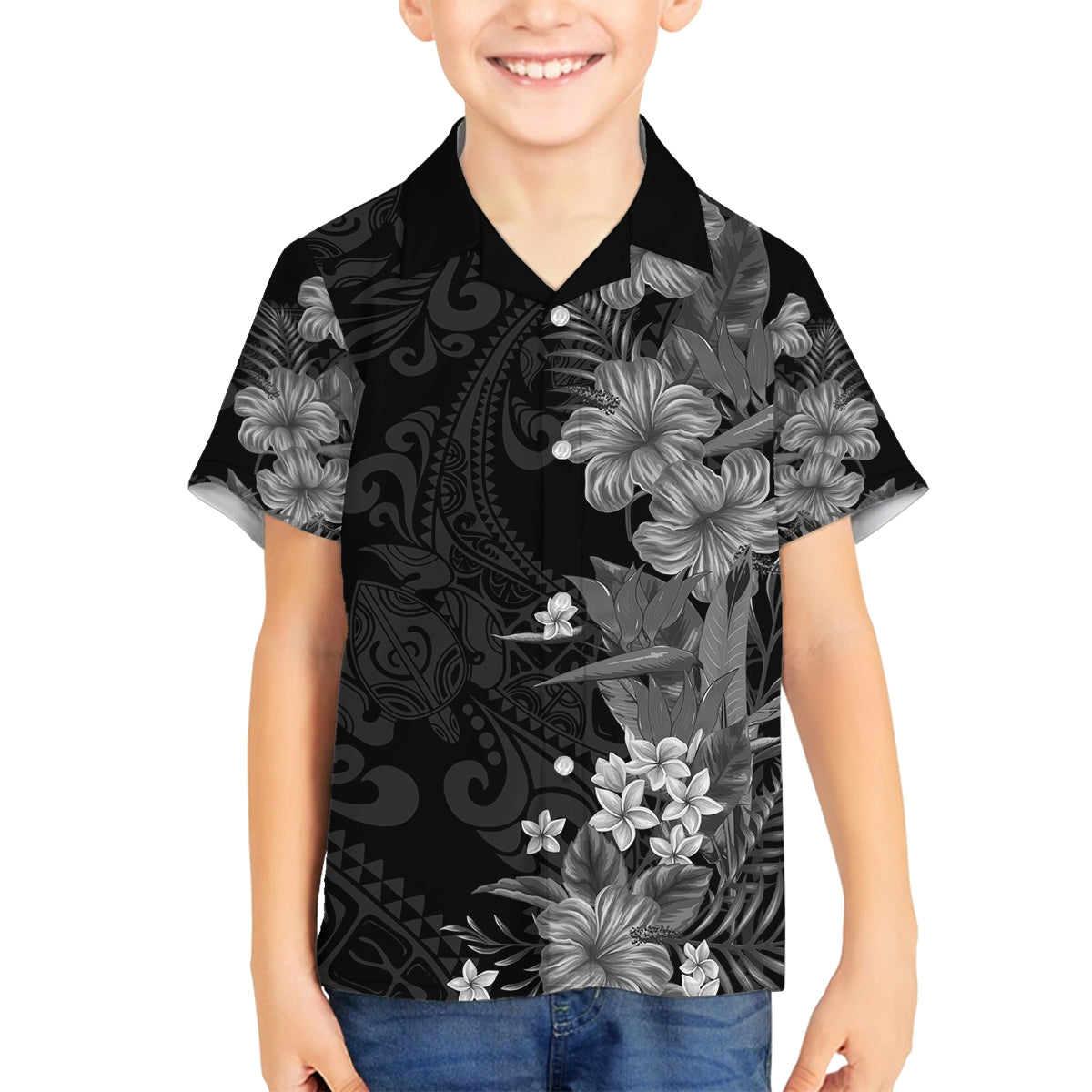 Hawaii Tropical Flowers Tribal Pattern Family Matching Off Shoulder Maxi Dress and Hawaiian Shirt Black Style LT9 Son's Shirt Black - Polynesian Pride