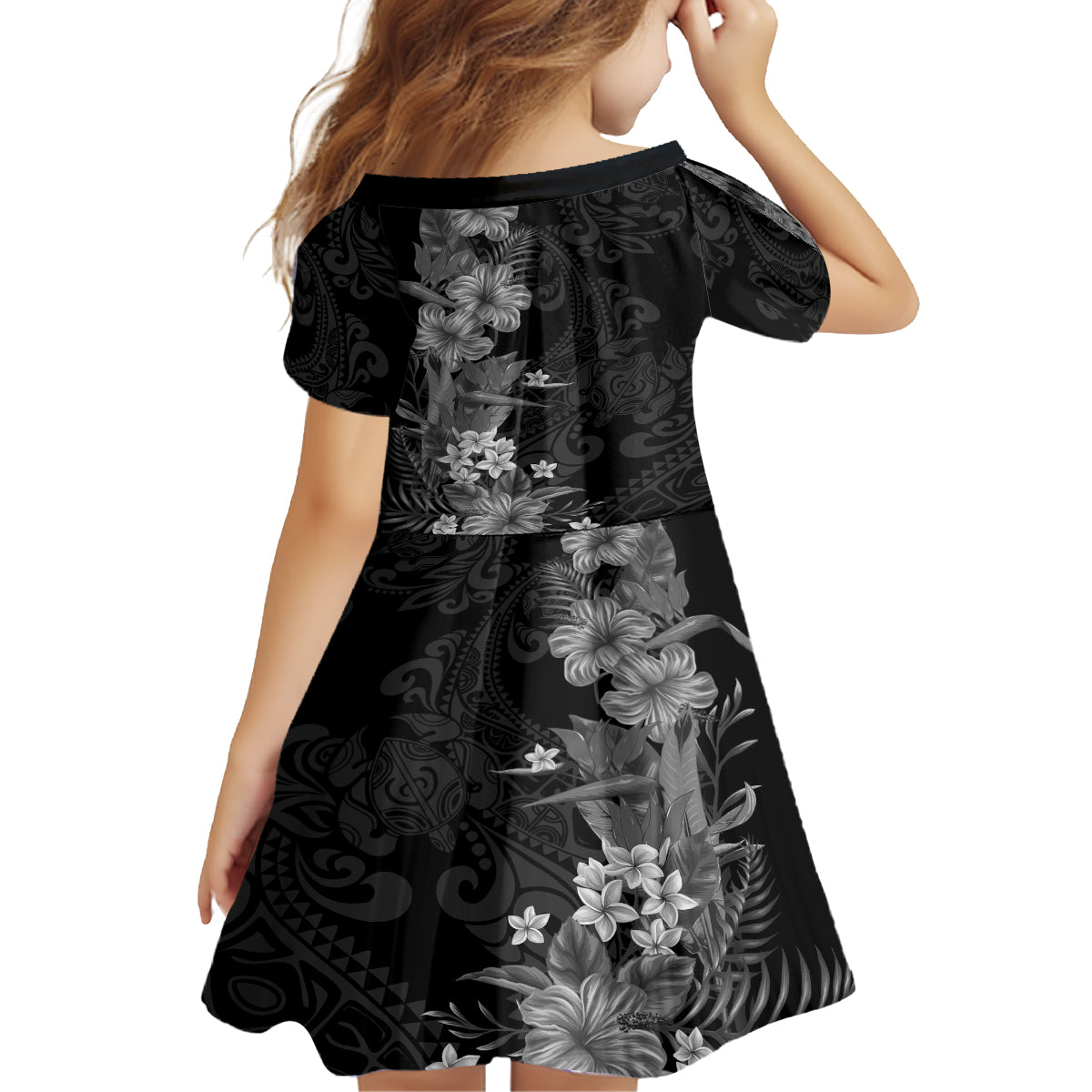 Hawaii Tropical Flowers Tribal Pattern Kid Short Sleeve Dress Black Style LT9 - Polynesian Pride