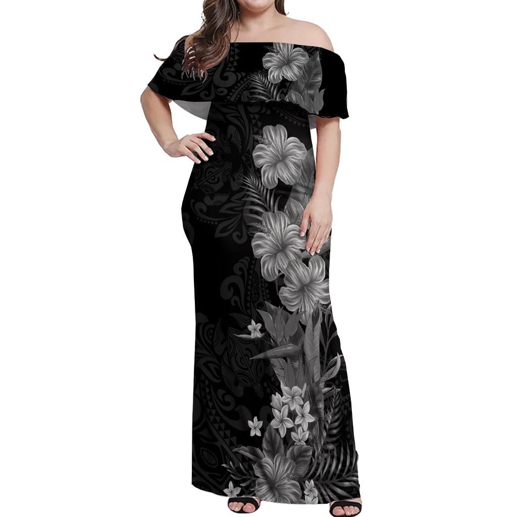 Hawaii Tropical Flowers Tribal Pattern Off Shoulder Maxi Dress Black Style LT9 Women Black - Polynesian Pride