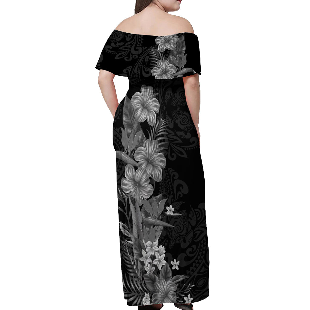 Hawaii Tropical Flowers Tribal Pattern Off Shoulder Maxi Dress Black Style LT9 - Polynesian Pride