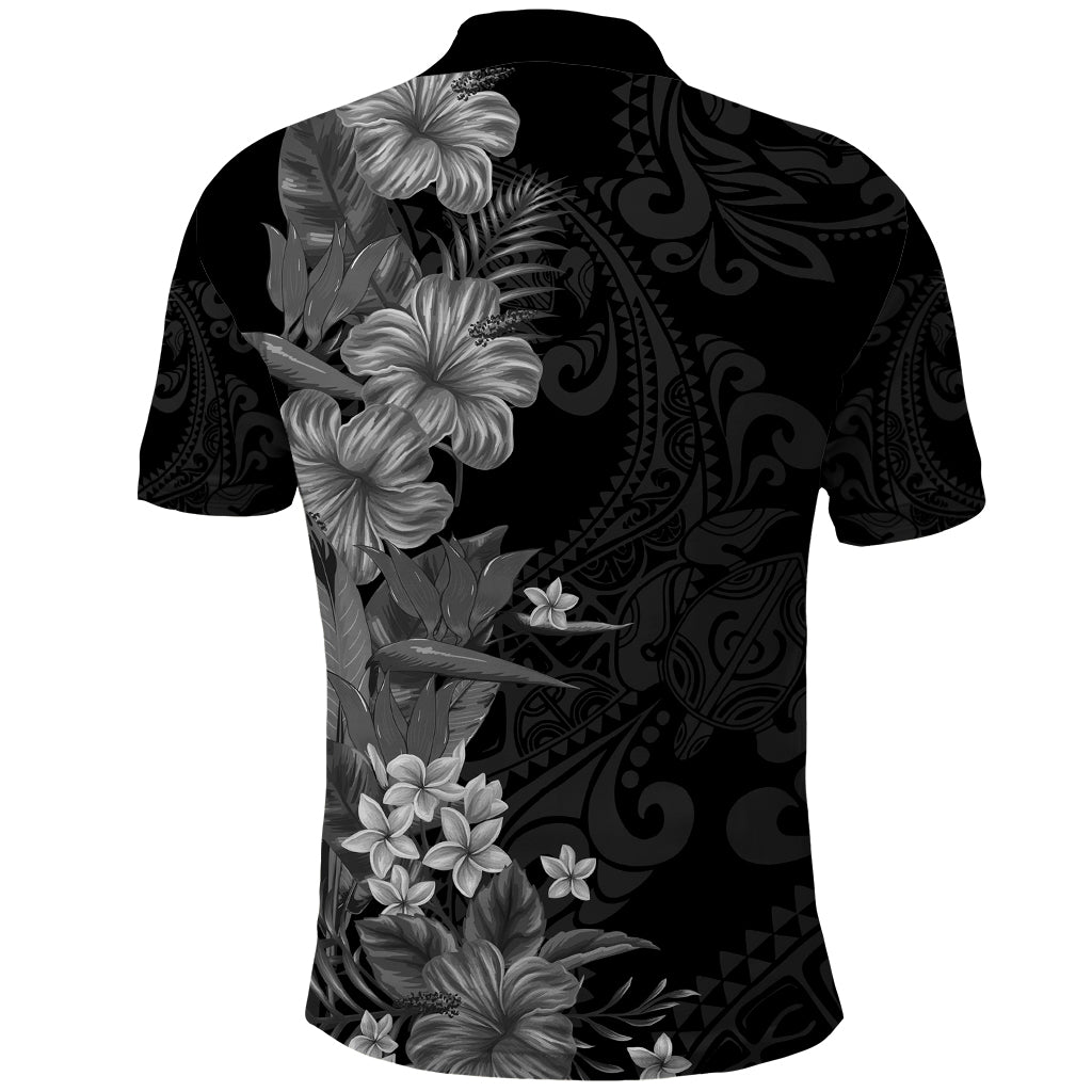 Hawaii Tropical Flowers Tribal Pattern Polo Shirt Black Style LT9 - Polynesian Pride