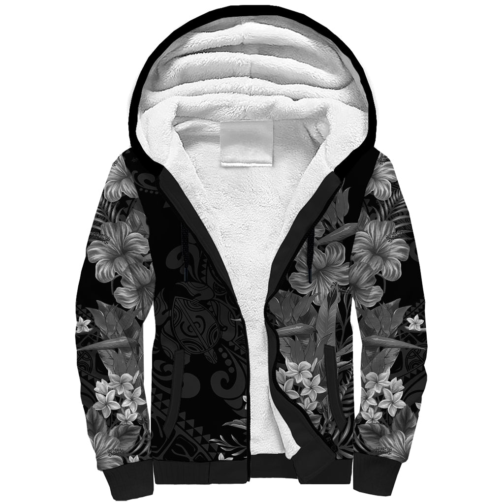 Hawaii Tropical Flowers Tribal Pattern Sherpa Hoodie Black Style LT9 Unisex Black - Polynesian Pride