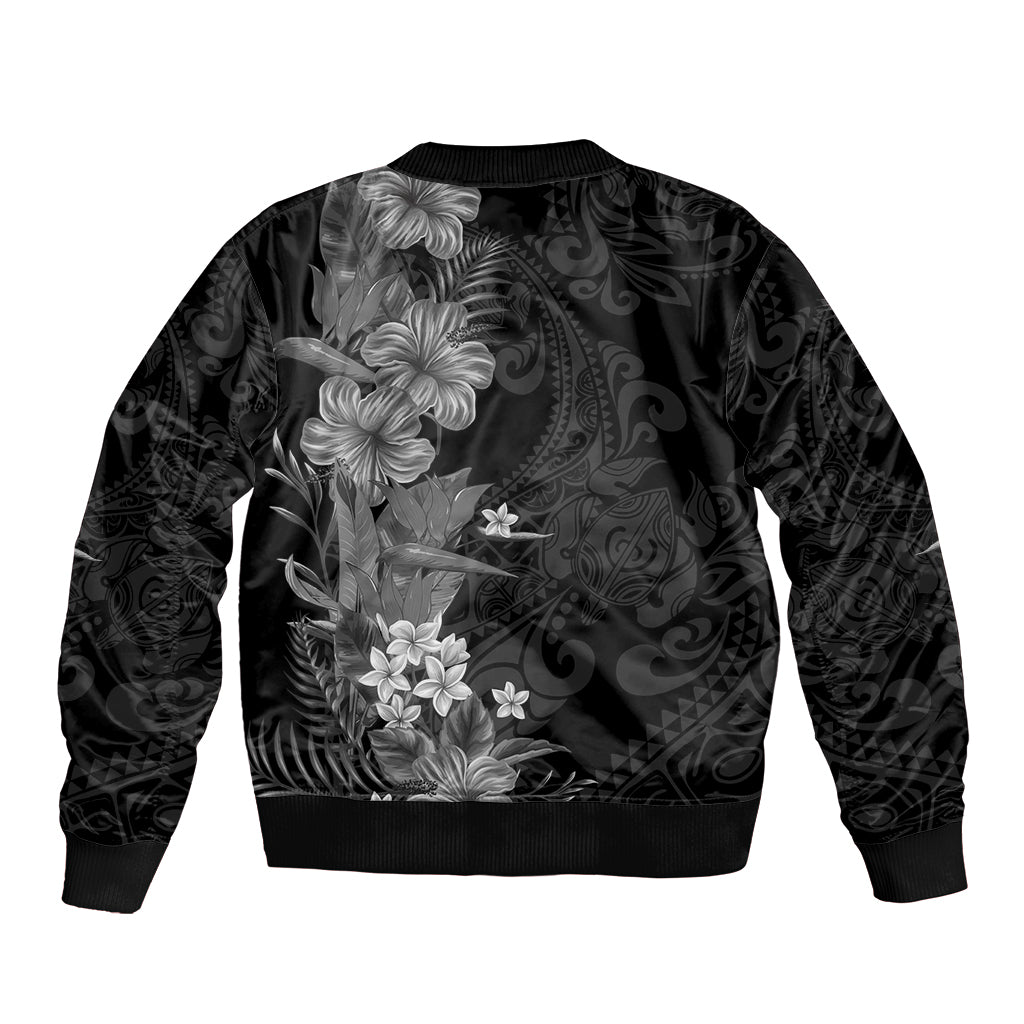 Hawaii Tropical Flowers Tribal Pattern Sleeve Zip Bomber Jacket Black Style LT9 - Polynesian Pride
