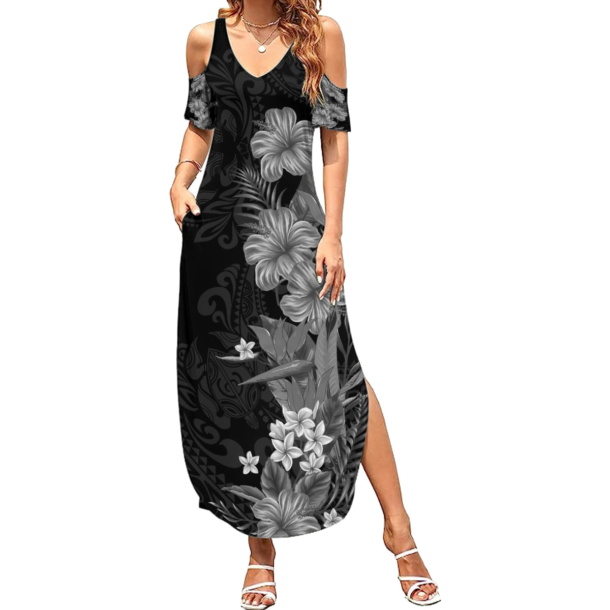 Hawaii Tropical Flowers Tribal Pattern Summer Maxi Dress Black Style LT9 Women Black - Polynesian Pride