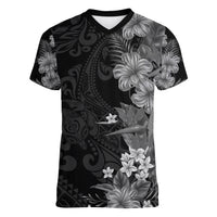 Hawaii Tropical Flowers Tribal Pattern Women V Neck T Shirt Black Style LT9 Female Black - Polynesian Pride