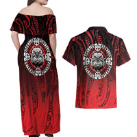 Aotearoa Bulldog Couples Matching Off Shoulder Maxi Dress and Hawaiian Shirt New Zealand Kowhaiwhai Tribal