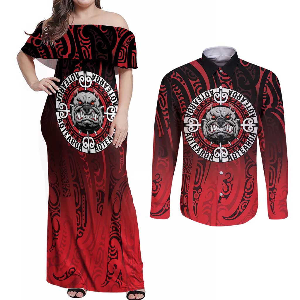 Aotearoa Bulldog Couples Matching Off Shoulder Maxi Dress and Long Sleeve Button Shirt New Zealand Kowhaiwhai Tribal