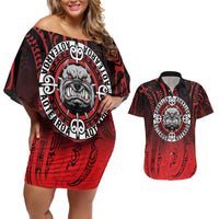 Aotearoa Bulldog Couples Matching Off Shoulder Short Dress and Hawaiian Shirt New Zealand Kowhaiwhai Tribal